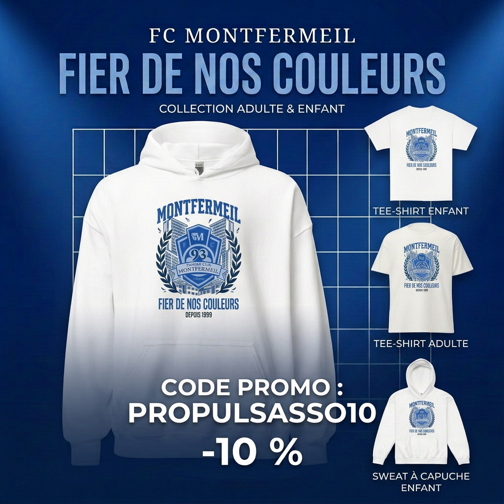 Affiche carrée FC Montfermeil sur fond bleu quadrillé